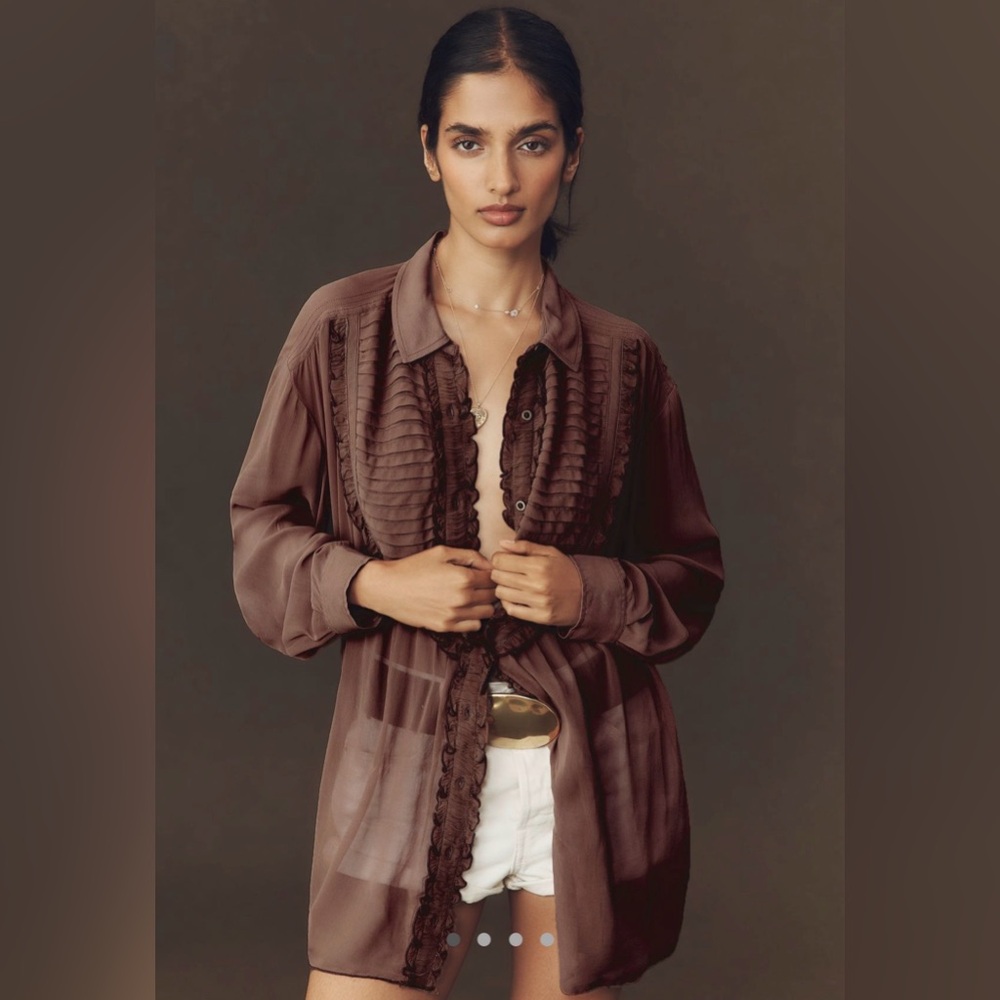 Brown Ruffle Chiffon Blouse - Large